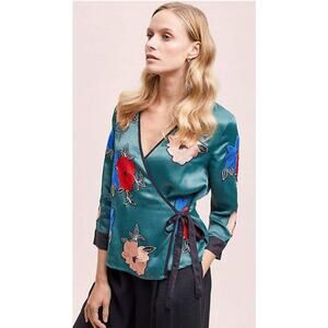 Anthropologie Seen Worn Kept Retro Floral Wrap Blouse 12 Embroidered